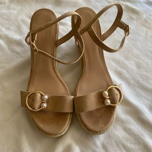 Stuart Weitzman Tan Sandals with Pearl Accents Size 9 Neutral Buckle Summer